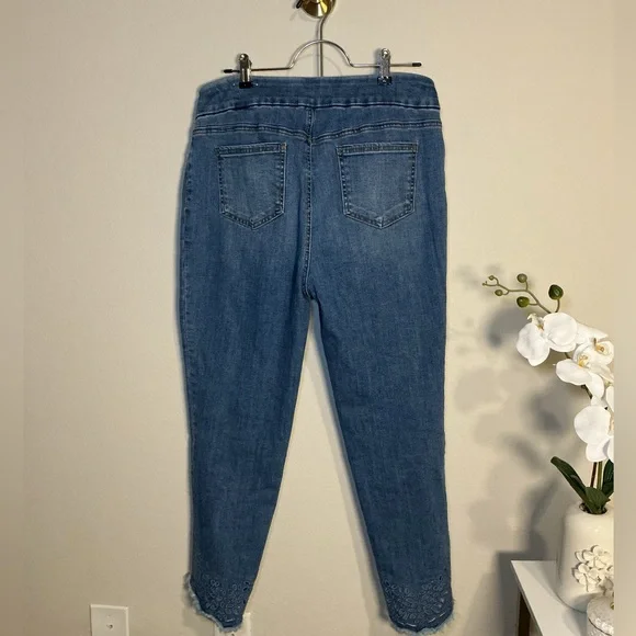 Blue Women's Jeans with Lace Hem - Picture 3 of 8